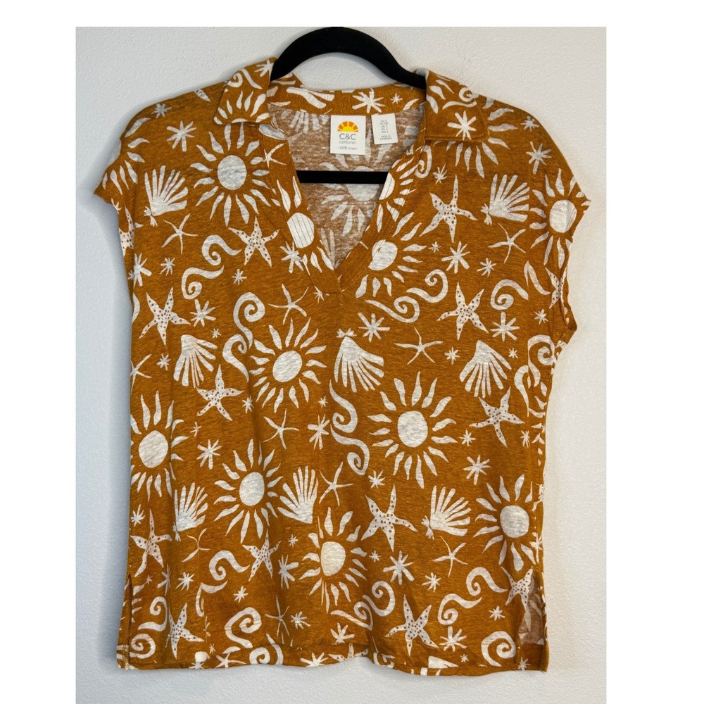 C&C California Women's Mustard Yellow‎ Sun Shell Print 100% Linen V-Neck Top S